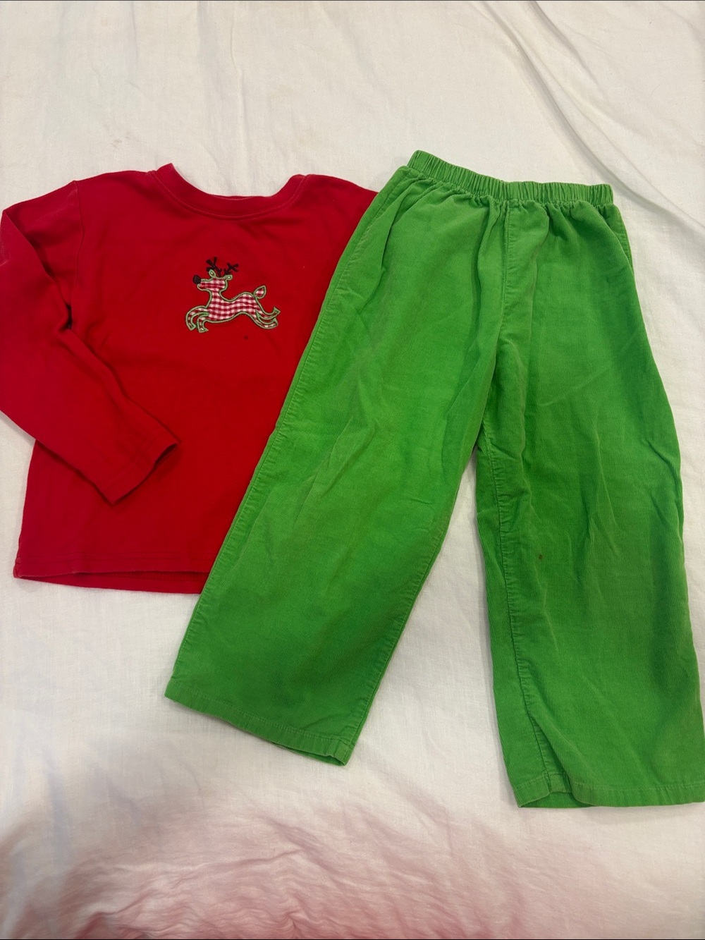 Kids Red Long-Sleeve holiday Top and Green Pajama Pants Set